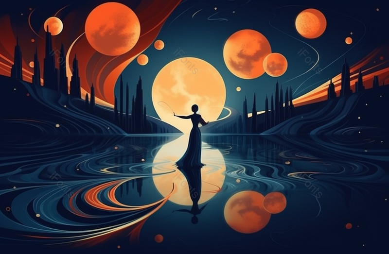 长发女人剪影在水中倒影翩翩起舞美丽星空满月背景,插画/手绘图,插画/手绘图库,插画/手绘图下载,插画/手绘